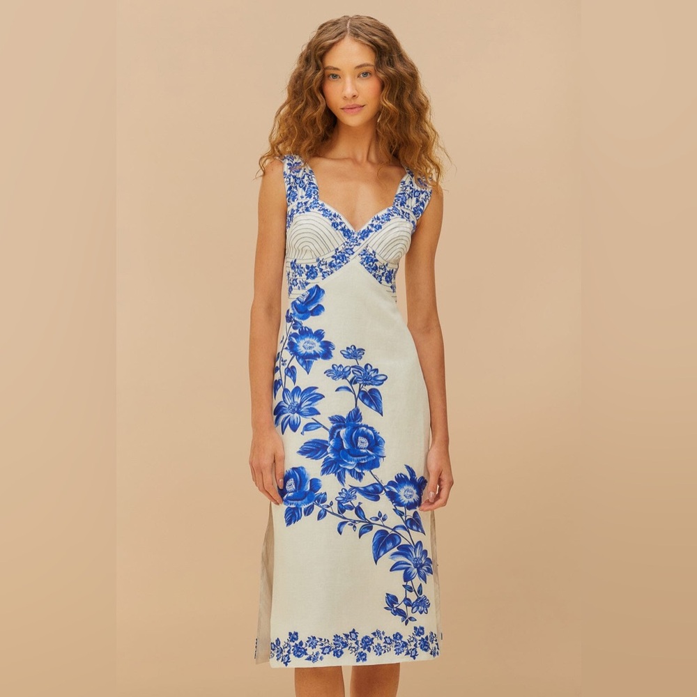 Farm Rio Off-White Floral Cascade Wavy Midi Dress - Picture 3 of 8